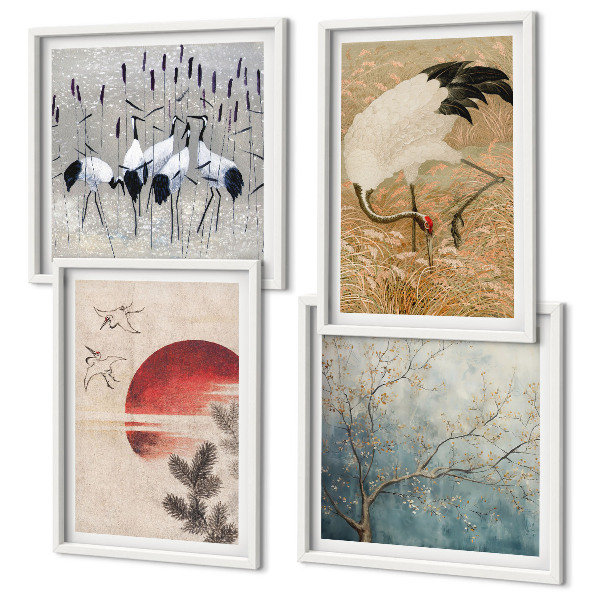 Ensemble de 4 tableaux Paysage de grues japonaises