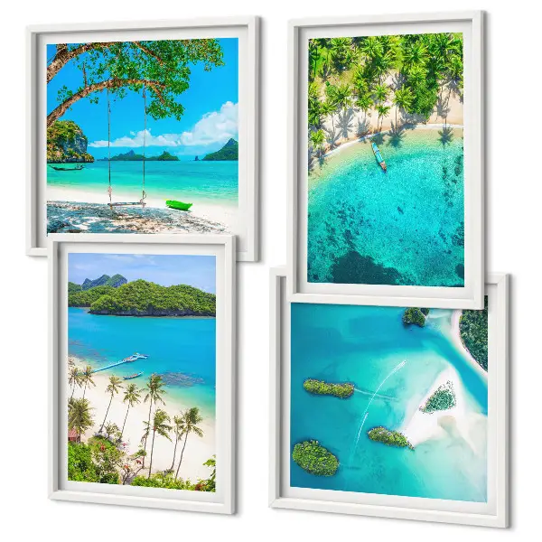 Ensemble de 4 tableaux représentant des plages, des palmiers et une eau cristalline