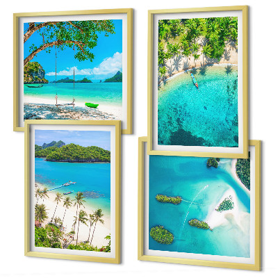 Ensemble de 4 tableaux Plages, palmiers, eau cristalline