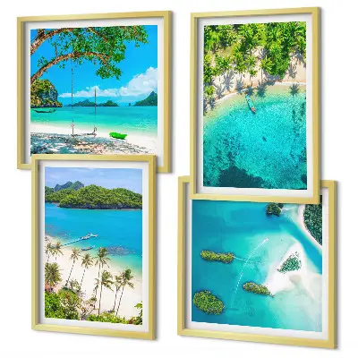 Ensemble de 4 tableaux représentant des plages, des palmiers et une eau cristalline