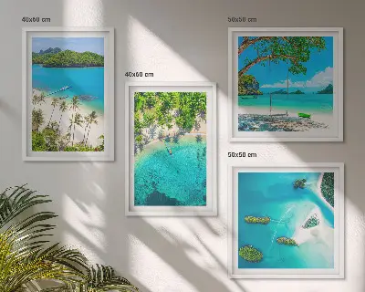 Ensemble de 4 tableaux représentant des plages, des palmiers et une eau cristalline