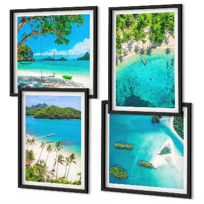Ensemble de 4 tableaux représentant des plages, des palmiers et une eau cristalline