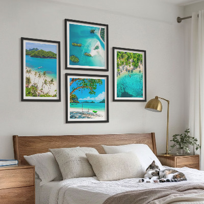 Ensemble de 4 tableaux Plages, palmiers, eau cristalline