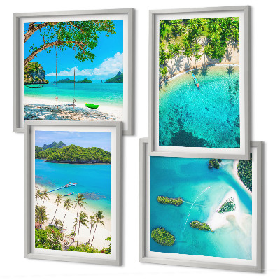 Ensemble de 4 tableaux Plages, palmiers, eau cristalline