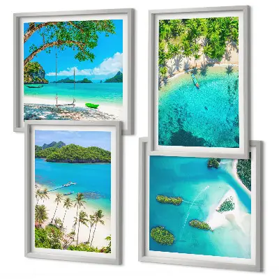 Ensemble de 4 tableaux représentant des plages, des palmiers et une eau cristalline