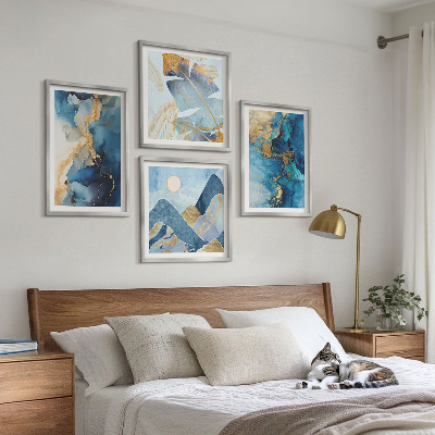 Mur de tableaux Motifs dorés des montagnes bleues