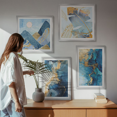 Mur de tableaux Motifs dorés des montagnes bleues