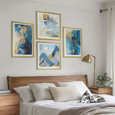 Mur de tableaux Motifs dorés des montagnes bleues