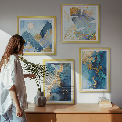 Mur de tableaux Motifs dorés des montagnes bleues