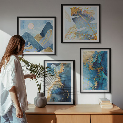 Mur de tableaux Motifs dorés des montagnes bleues
