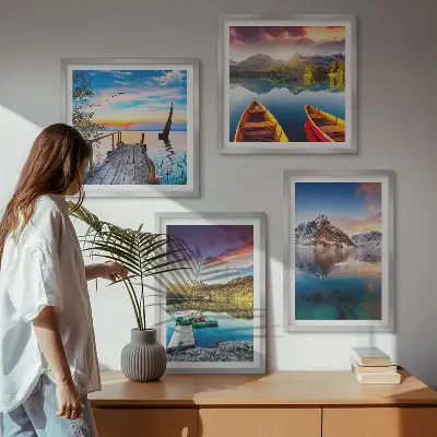 Polyptyque de 5 cadres paysage de lac et montagnes avec un bateau