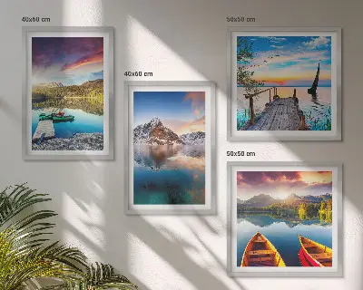 Polyptyque de 5 cadres paysage de lac et montagnes avec un bateau