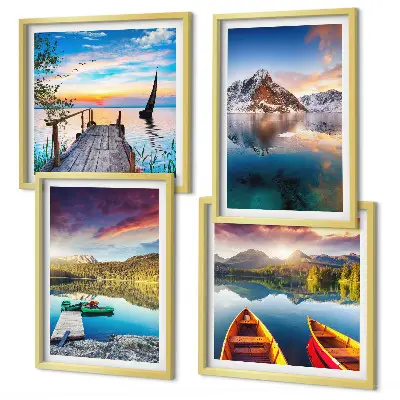 Polyptyque de 5 cadres paysage de lac et montagnes avec un bateau