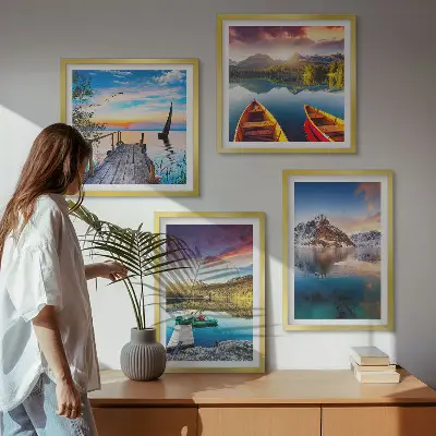 Polyptyque de 5 cadres paysage de lac et montagnes avec un bateau