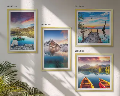 Polyptyque de 5 cadres paysage de lac et montagnes avec un bateau
