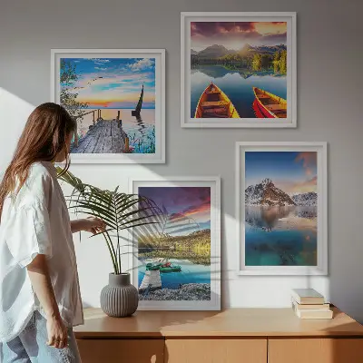 Polyptyque de 5 cadres paysage de lac et montagnes avec un bateau