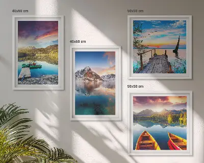 Polyptyque de 5 cadres paysage de lac et montagnes avec un bateau
