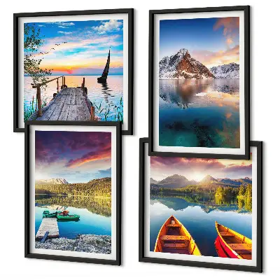 Polyptyque de 5 cadres paysage de lac et montagnes avec un bateau
