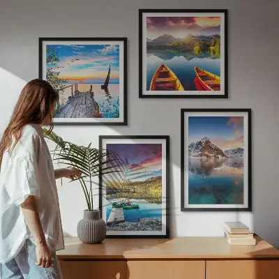 Polyptyque de 5 cadres paysage de lac et montagnes avec un bateau