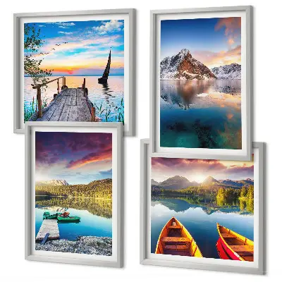 Polyptyque de 5 cadres paysage de lac et montagnes avec un bateau