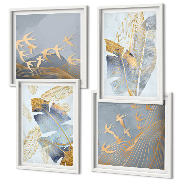 Ensemble de 4 tableaux Feuilles bleu-beige en arrière-plan