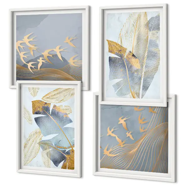 Ensemble de 4 tableaux motif de feuilles sur fond bleu et beige