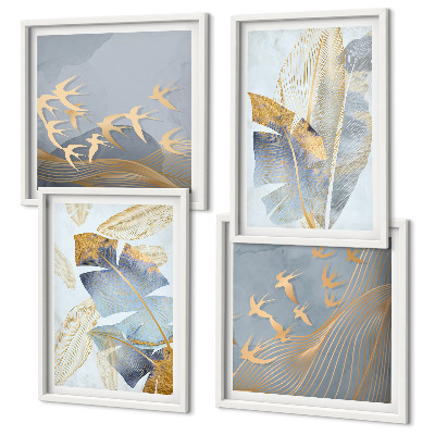 Ensemble de 4 tableaux Feuilles bleu-beige en arrière-plan