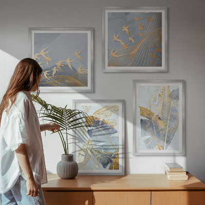 Ensemble de 4 tableaux Feuilles bleu-beige en arrière-plan