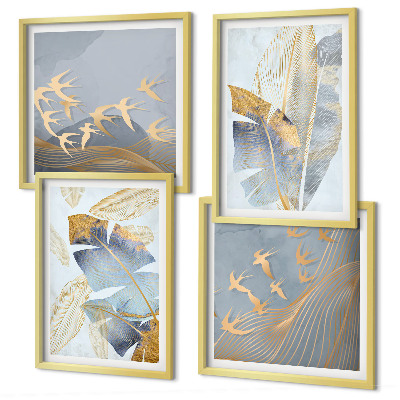 Ensemble de 4 tableaux Feuilles bleu-beige en arrière-plan