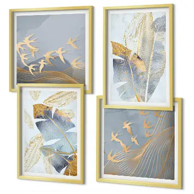 Ensemble de 4 tableaux motif de feuilles sur fond bleu et beige