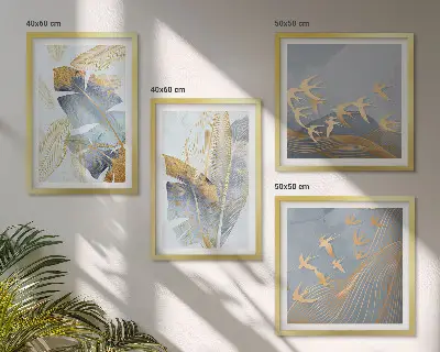 Ensemble de 4 tableaux motif de feuilles sur fond bleu et beige