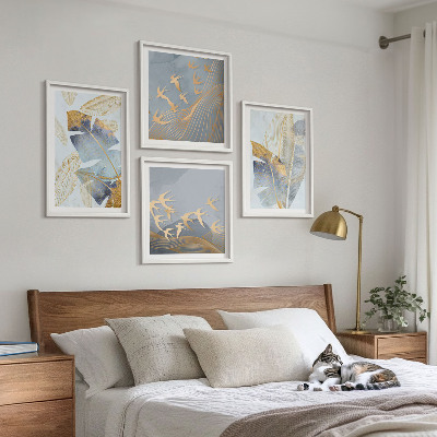 Ensemble de 4 tableaux Feuilles bleu-beige en arrière-plan