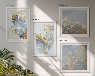 Ensemble de 4 tableaux Feuilles bleu-beige en arrière-plan