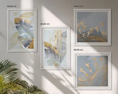 Ensemble de 4 tableaux motif de feuilles sur fond bleu et beige