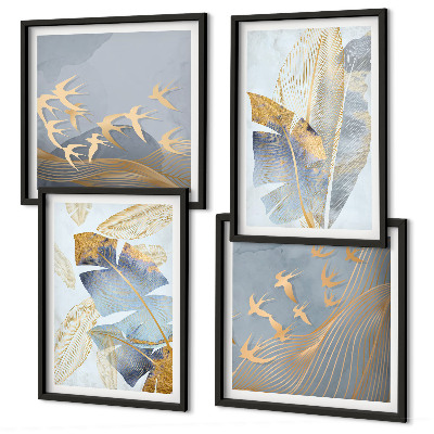Ensemble de 4 tableaux Feuilles bleu-beige en arrière-plan