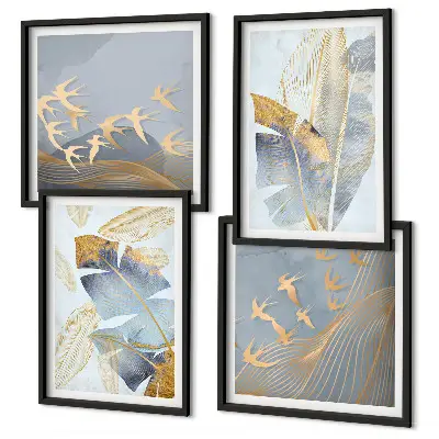 Ensemble de 4 tableaux motif de feuilles sur fond bleu et beige