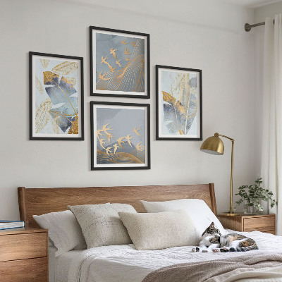 Ensemble de 4 tableaux Feuilles bleu-beige en arrière-plan