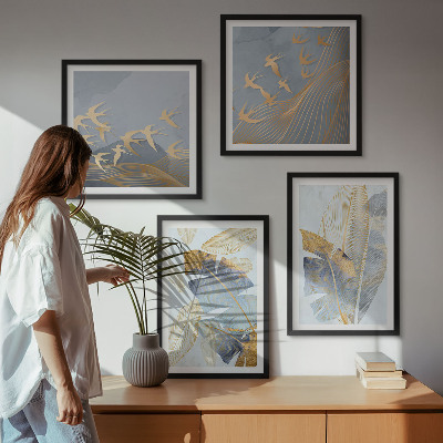 Ensemble de 4 tableaux Feuilles bleu-beige en arrière-plan