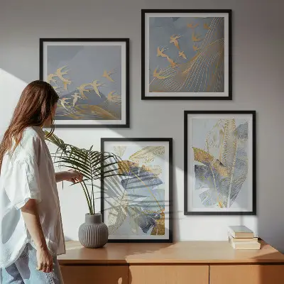 Ensemble de 4 tableaux motif de feuilles sur fond bleu et beige