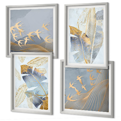 Ensemble de 4 tableaux Feuilles bleu-beige en arrière-plan