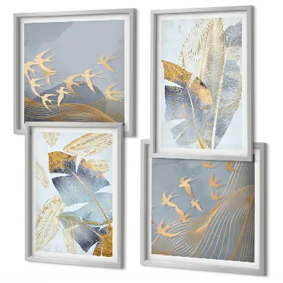 Ensemble de 4 tableaux motif de feuilles sur fond bleu et beige