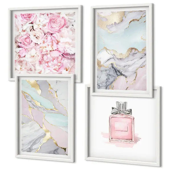 Polyptyque de 6 cadres fleurs roses avec effet marbré pastel