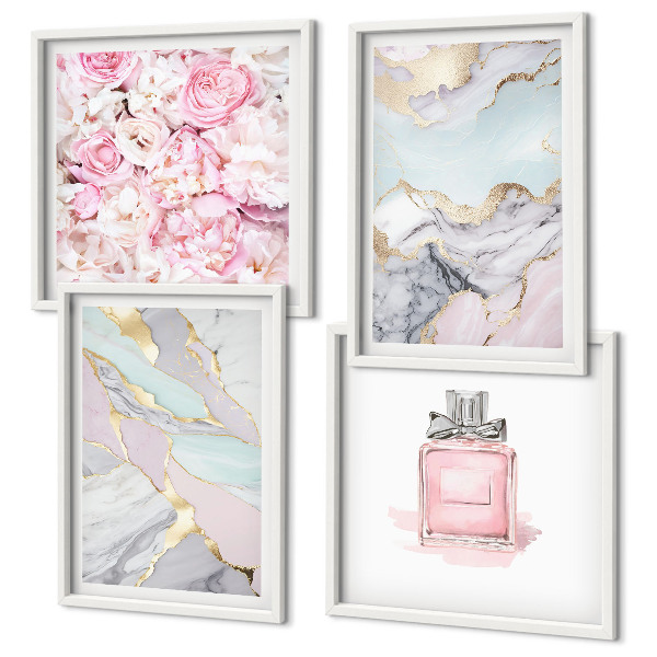 Polyptyque z cadres Fleurs roses, pastel marbré