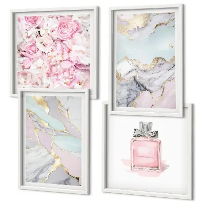 Polyptyque de 6 cadres fleurs roses avec effet marbré pastel