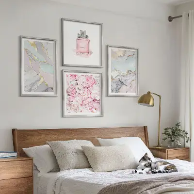Polyptyque de 6 cadres fleurs roses avec effet marbré pastel