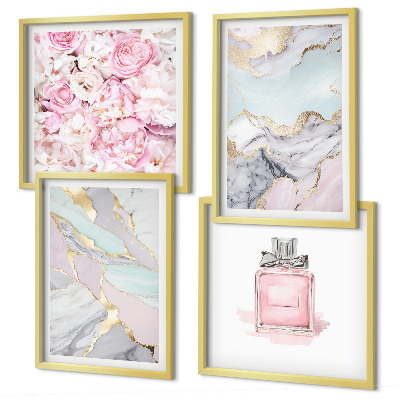 Polyptyque z cadres Fleurs roses, pastel marbré