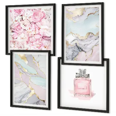 Polyptyque de 6 cadres fleurs roses avec effet marbré pastel