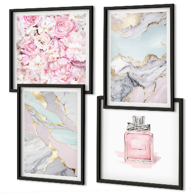 Polyptyque z cadres Fleurs roses, pastel marbré