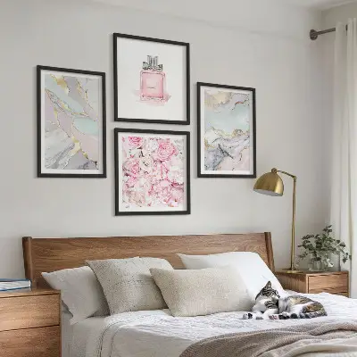 Polyptyque de 6 cadres fleurs roses avec effet marbré pastel