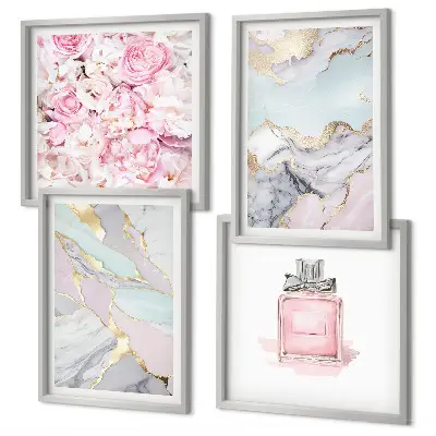 Polyptyque de 6 cadres fleurs roses avec effet marbré pastel
